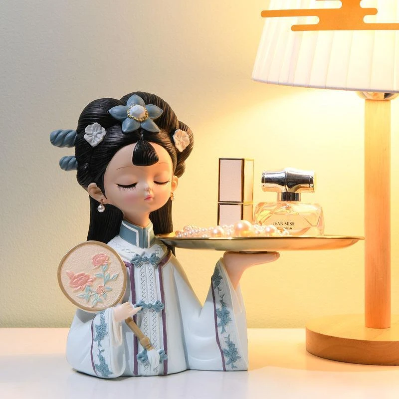 古风女孩摆件玄关钥匙收纳托盘客厅家居装饰婚房布置树脂工艺礼品