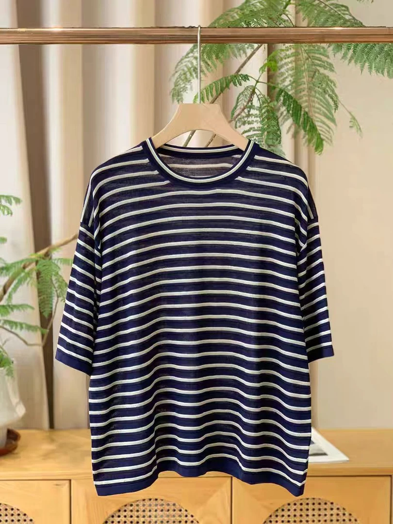 婕西家新款亚麻天丝条纹夏季短袖T恤