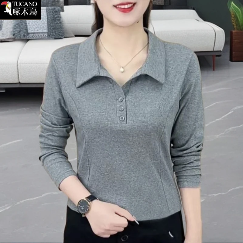 啄木鸟纯色翻领长袖秋季女款T恤2025年新款洋气百搭秋装刺绣上衣
