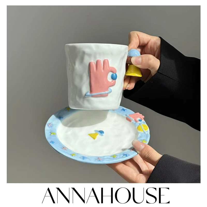 ANNAHOUSE欧克星球釉下彩陶瓷马克杯卡通咖啡杯可爱餐盘反口P盘YM