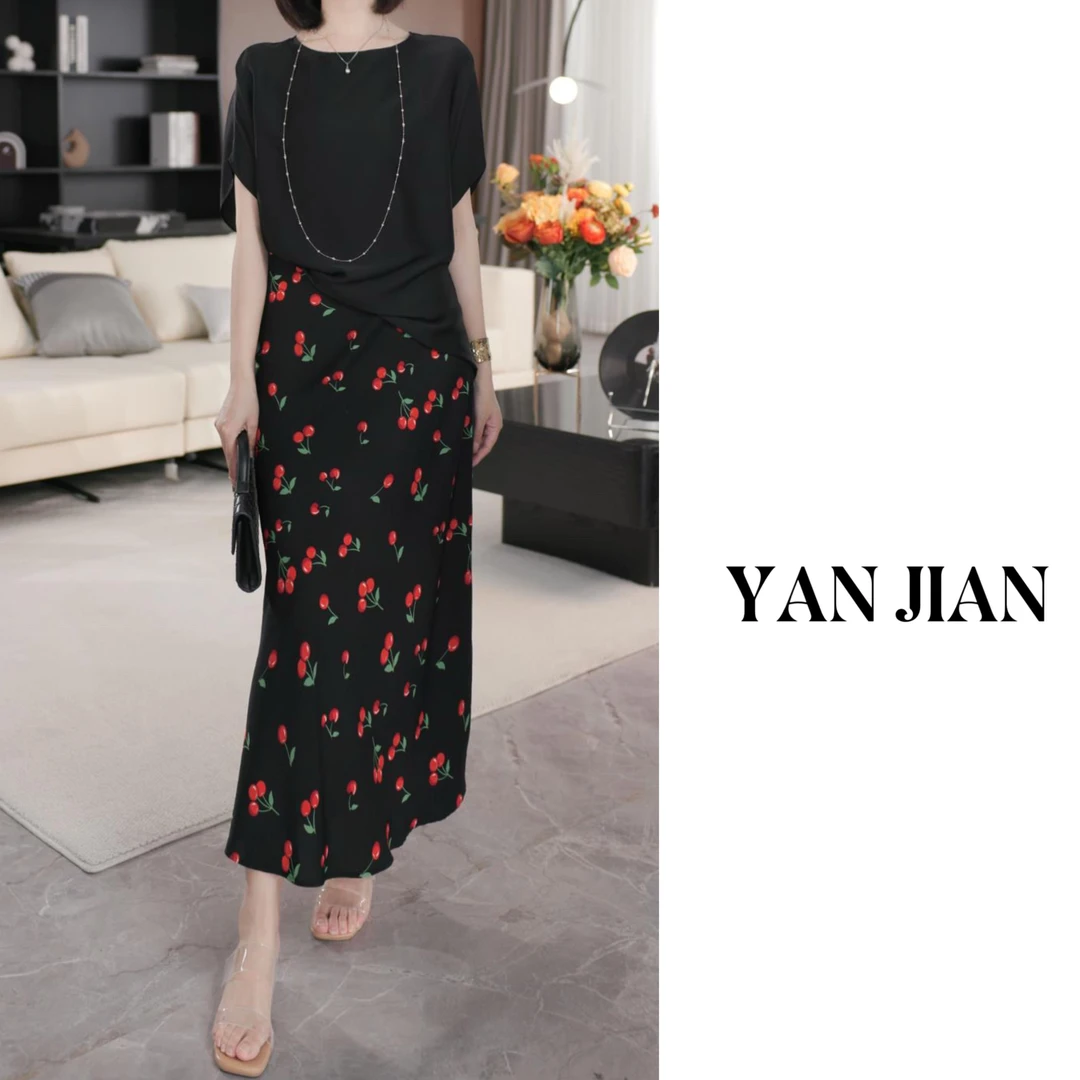 YAN JIAN【小樱桃】定制冰感面料抗皱活性印染花色鱼尾开衩半裙