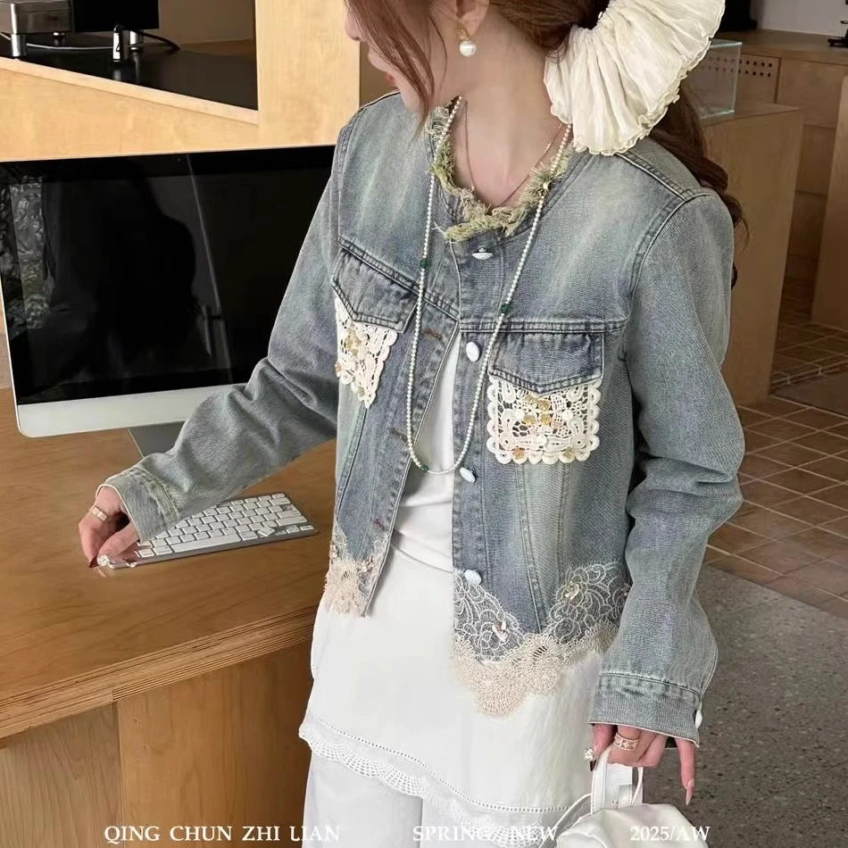 毛边圆领牛仔衣短外套蕾丝口袋拼接夹克衫洋气上衣女装春2025新款