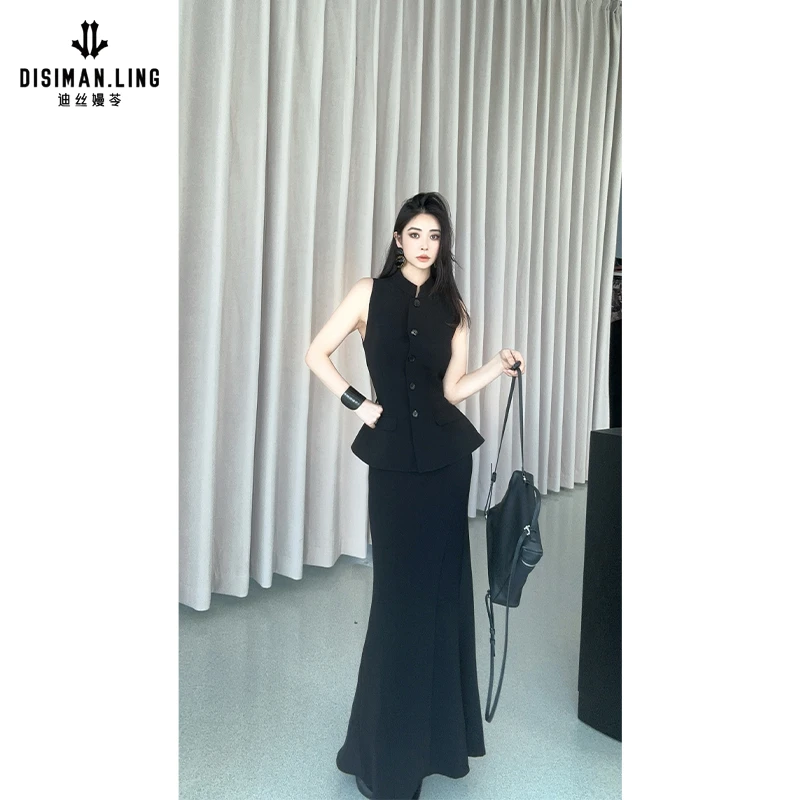 【迪丝嫚苓】黑色梭织套装显瘦气质时尚休闲修身设计款原创轻奢小众