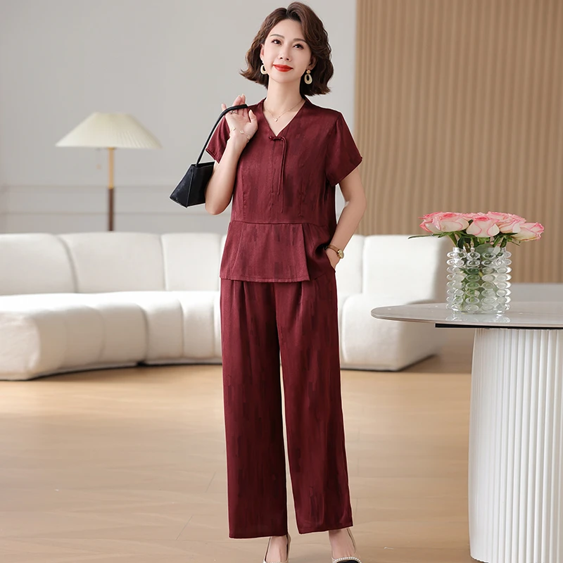 新中式妈妈夏装套装阔太太洋气高贵小衫上衣中老年女夏季短袖衬衫
