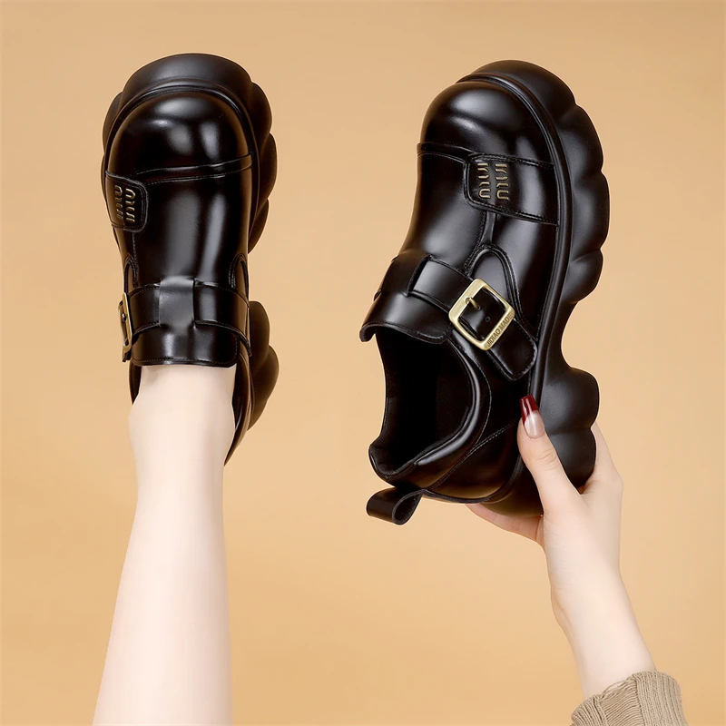 欧货厚底增高乐福鞋女2025春季新款复古单鞋魔术贴舒适软底小皮鞋