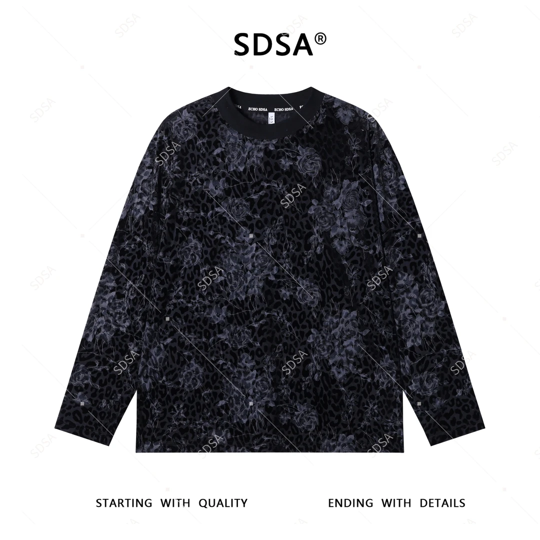 SDSA男士秋冬新款轻奢痞帅男装泡泡植绒圆领长袖T恤花卉印花时尚