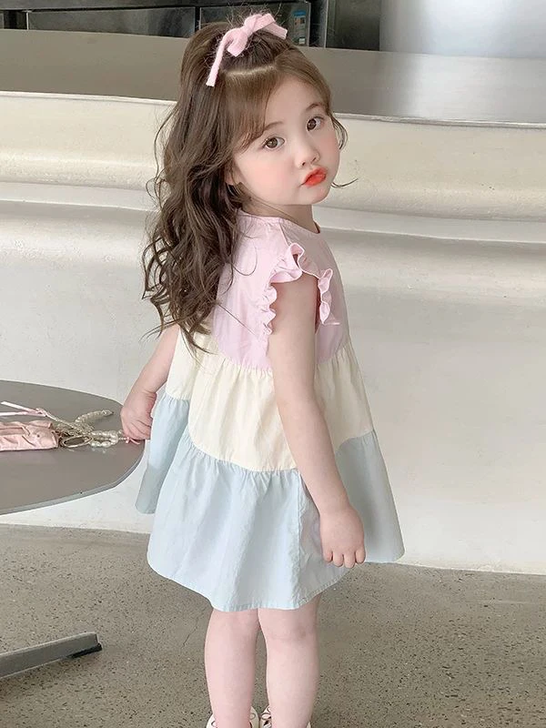 夏季女童韩版拼色花朵连衣裙儿童薄款小飞袖公主裙女宝宝童装裙子