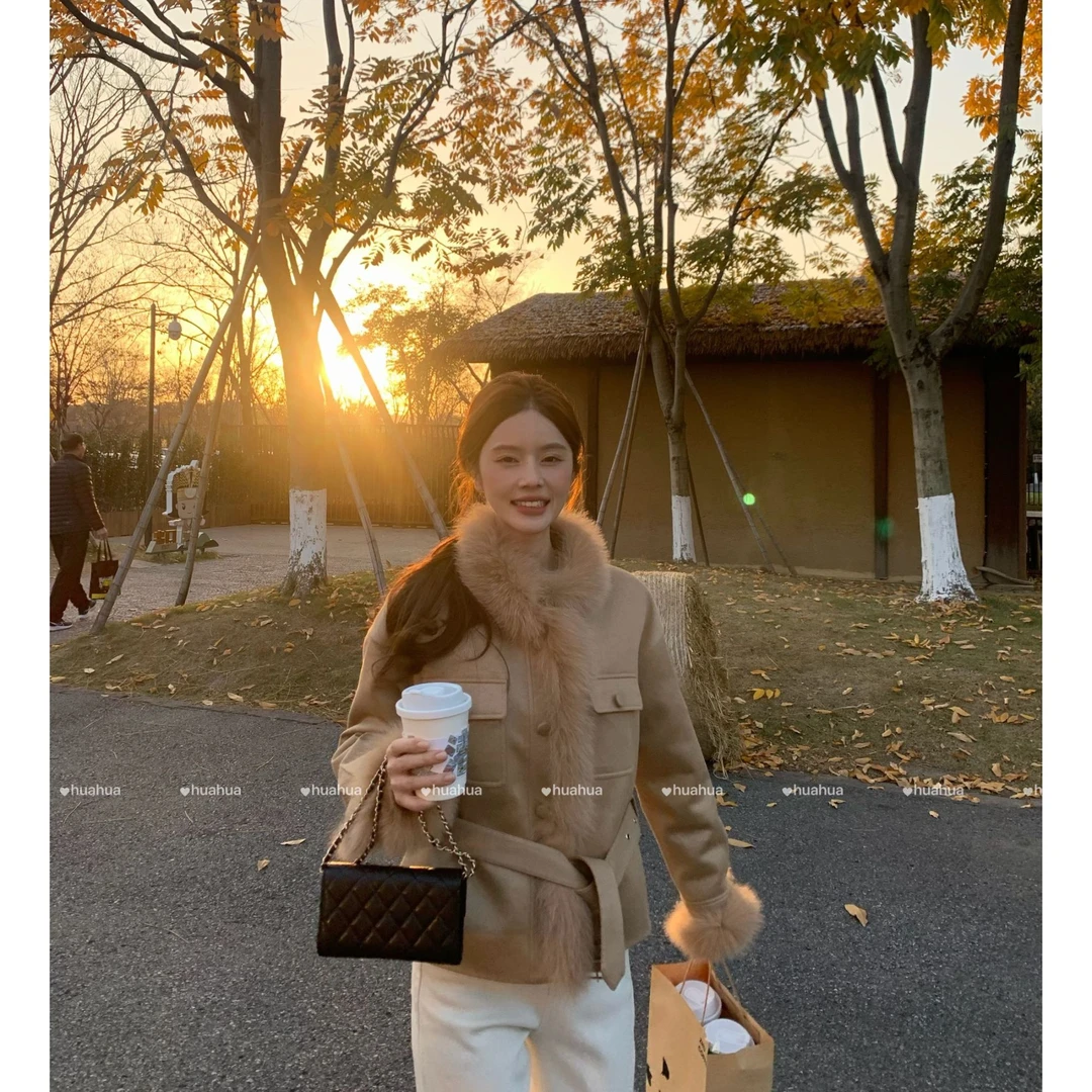 【花花】悉尼曙光~韩系冬日短款气质氛围感狐狸毛仿麂皮羽绒服