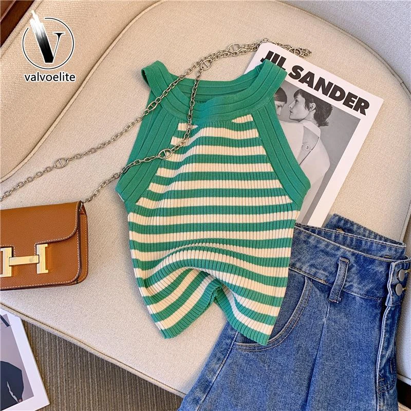 VALVOELITE针织条纹吊带背心女内搭夏外穿甜辣妹挂脖无袖短款上衣