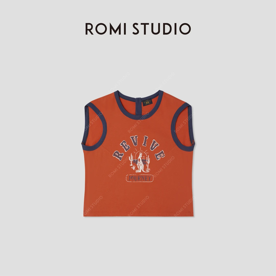 ROMI STUDIO“美式复古”做旧洗水复古印花撞色无袖背心 RWCRSY4555