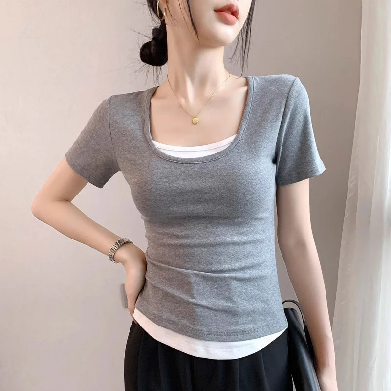 假两件短袖t恤女2025夏季新款U领纯棉体恤修身撞色拼接收腰上衣