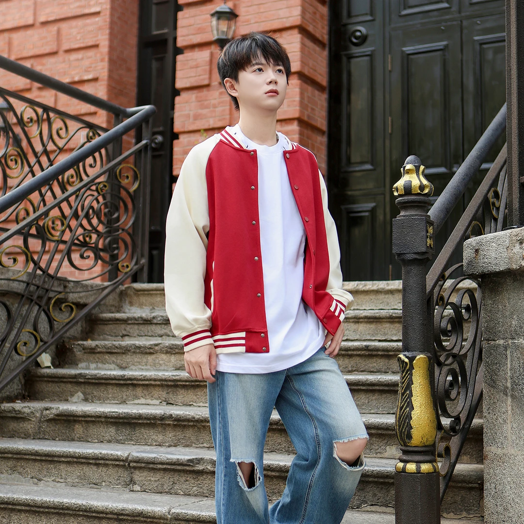 单排扣情侣休闲拼接棒球服外套学院风宽松韩版拼色常规款