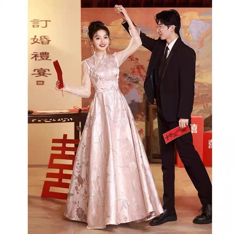 (L码）粉色新中式旗袍织锦敬酒服订婚服主持服