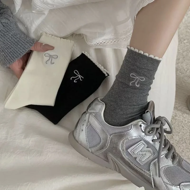 春夏花边袜子女中筒袜ins潮春秋百搭可爱木耳边蝴蝶结堆堆袜子