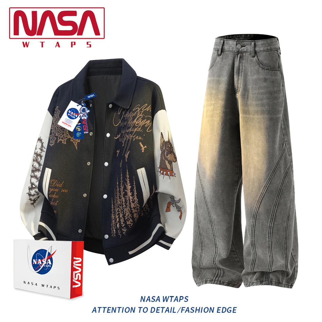 NASA WTAPS高级感老钱风刺绣翻领夹克套装男款春秋美式休闲两件套