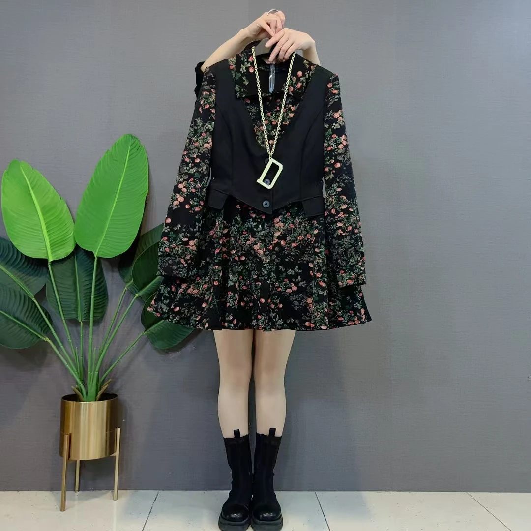 欧货碎花拼接时尚休闲洋气衬衫马甲两件季新款遮肉显瘦中长款大衫