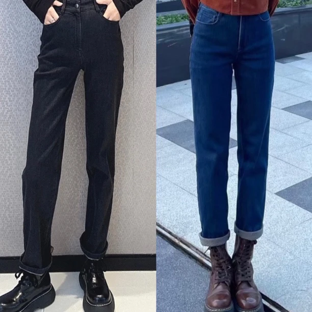 GIRDEAR/秋冬百搭时尚显瘦高弹直筒植绒牛仔高腰爆款1100465