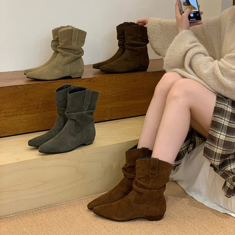 2025秋季新款复古低跟尖头西部牛仔堆堆靴女短靴马丁靴百搭瘦瘦靴