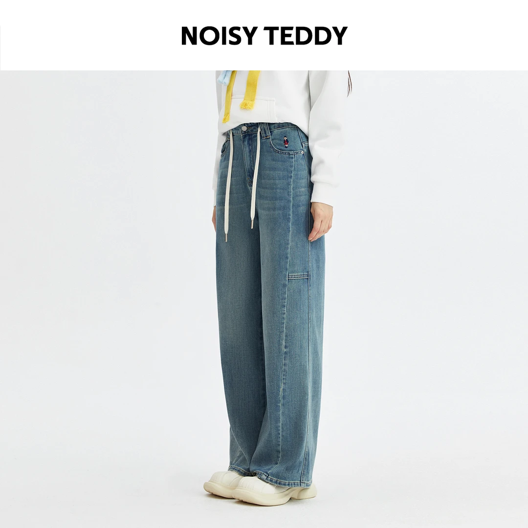 NOISY TEDDY25年秋季新款时尚潮流女士抽绳牛仔长裤经典做旧百搭