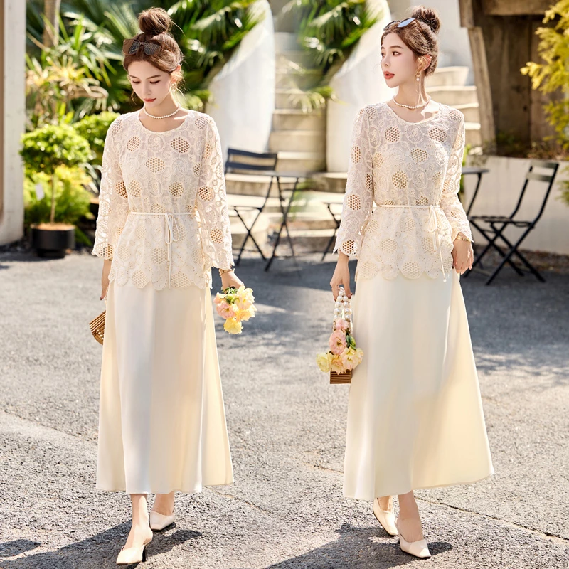 2025春夏新款镂空刺绣系带上衣配半身长裙套装网红洋气炸街女装潮