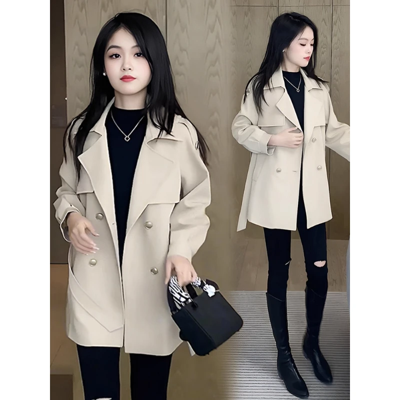 拉夏贝尔时尚风衣外套女春秋2025时尚新款小个子双排扣中长大衣