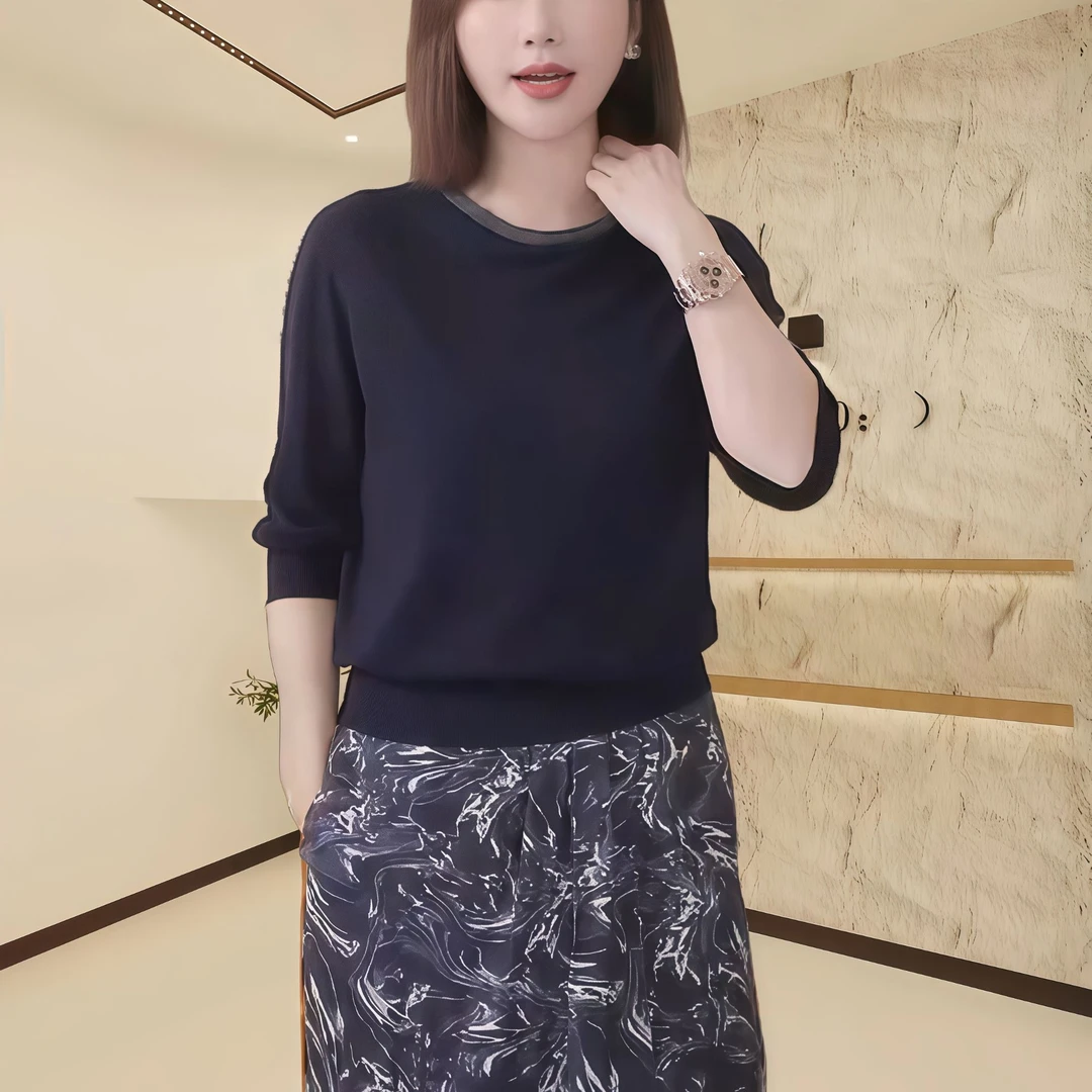 2025年春季新款休闲气质时尚百搭T恤女款七分袖圆领拼接套头衫