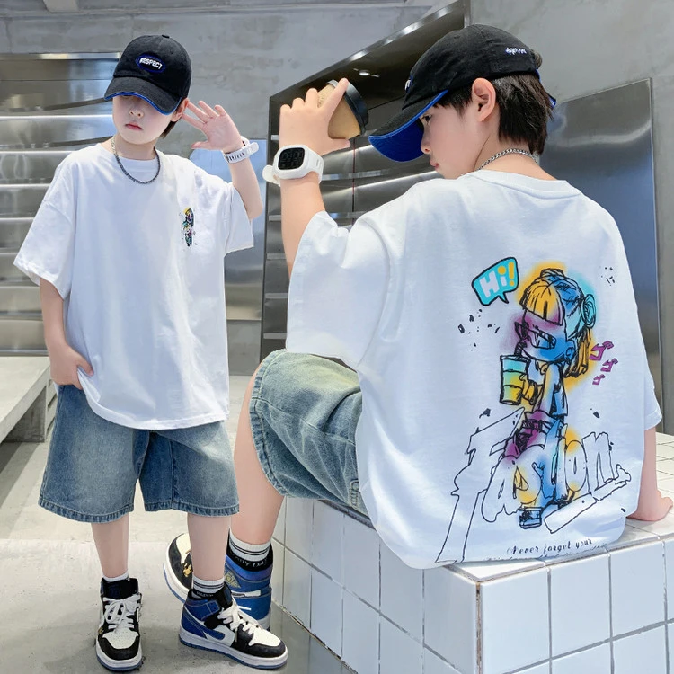 MK&UR.BV男童夏装套装潮帅气时髦大男孩白色哪吒短袖儿童牛仔短裤