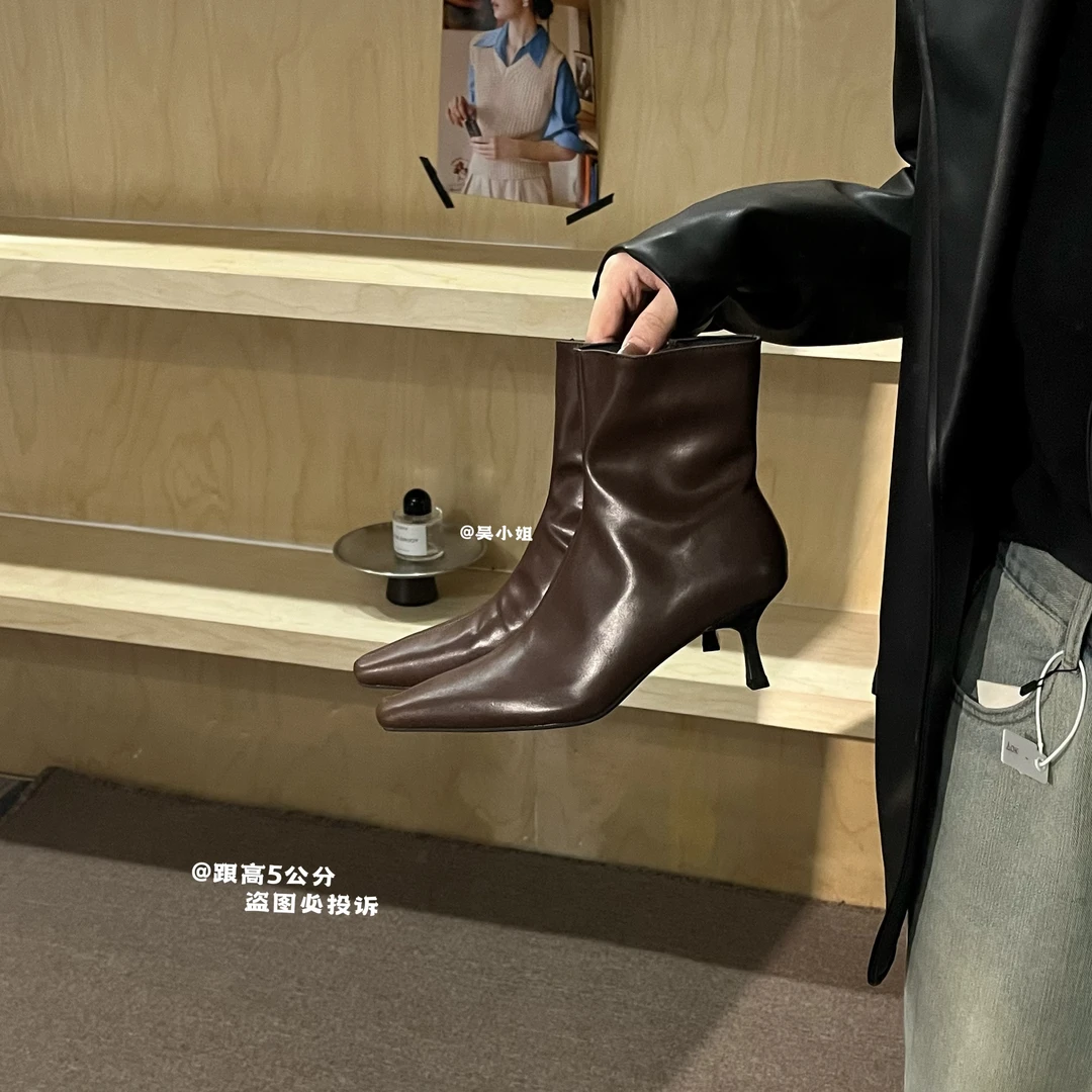 2025秋冬新款法式气质方头高跟侧拉链短靴时尚百搭黑色简约时装靴