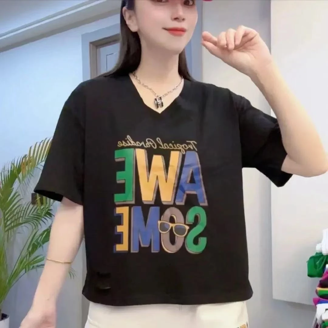 《韩家》#631时尚休闲潮流百搭字母印花洋气圆领短袖纯欲慵懒风女装