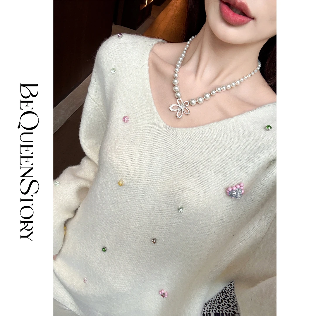 余潇潇红人上新【幸福甜豆】保暖牦牛绒绵羊毛混纺V领绣珠毛衣