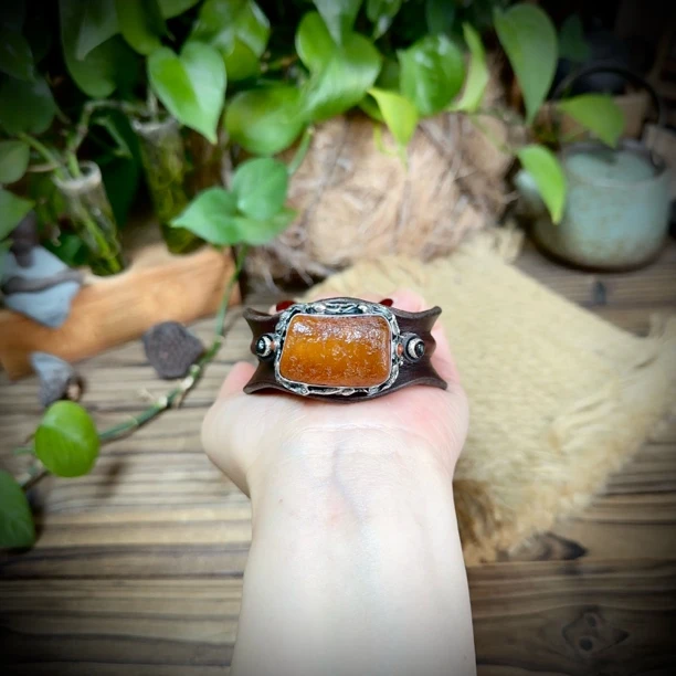 【古香古色】原创复古s925银蜜蜡琥珀皮手镯（圈口可调节）