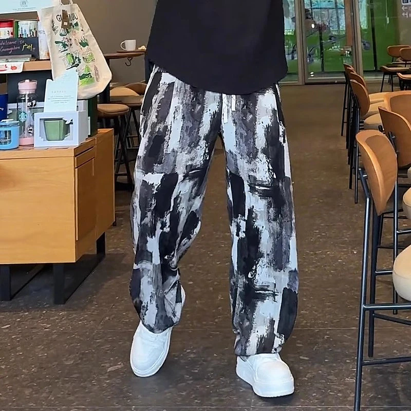 夏季薄款国风水墨扎染速干冰丝休闲裤男士潮牌痞帅垂感宽松阔腿裤