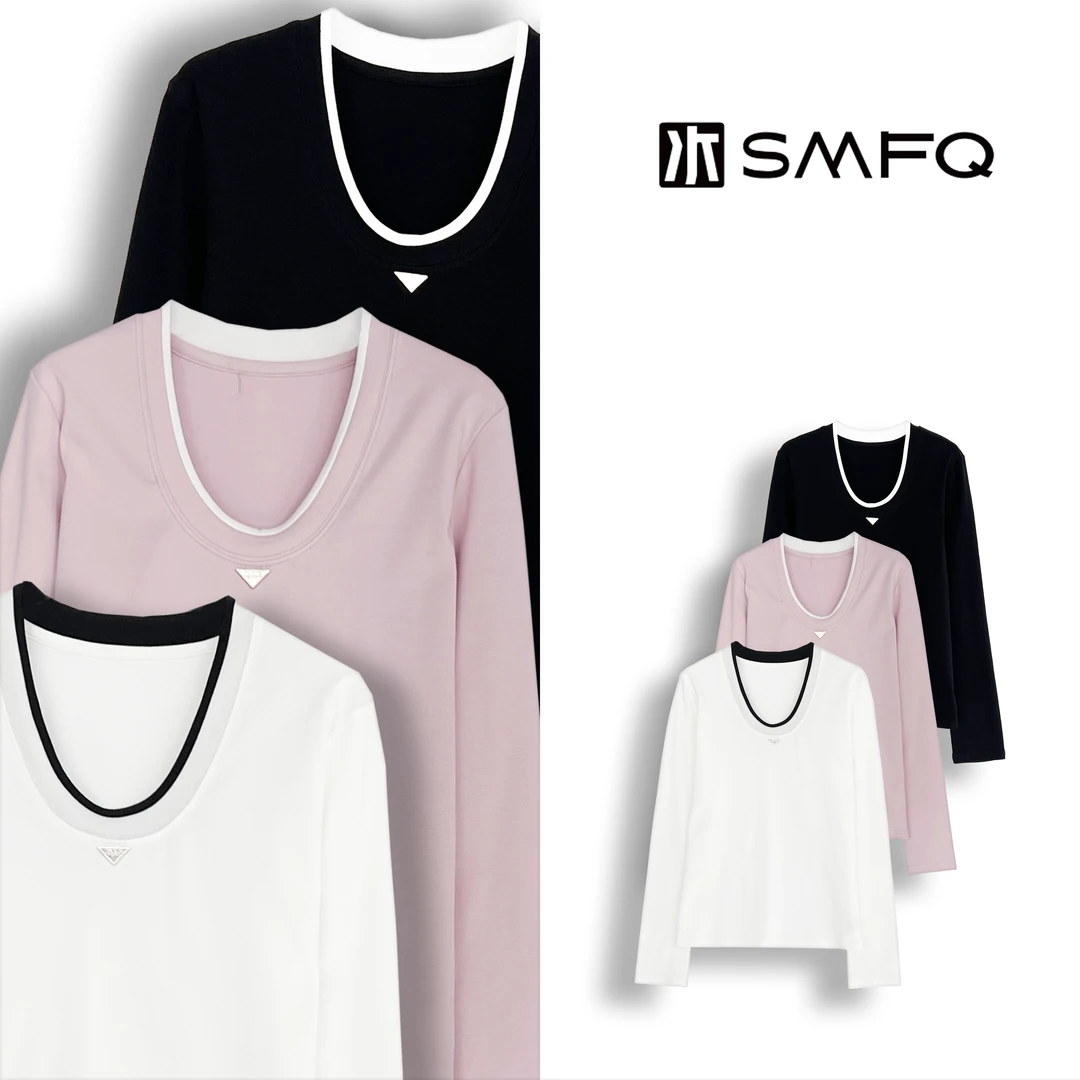 水木夫妻”慕斯肌肤“三角标撞色鹅蛋领显瘦长袖上衣