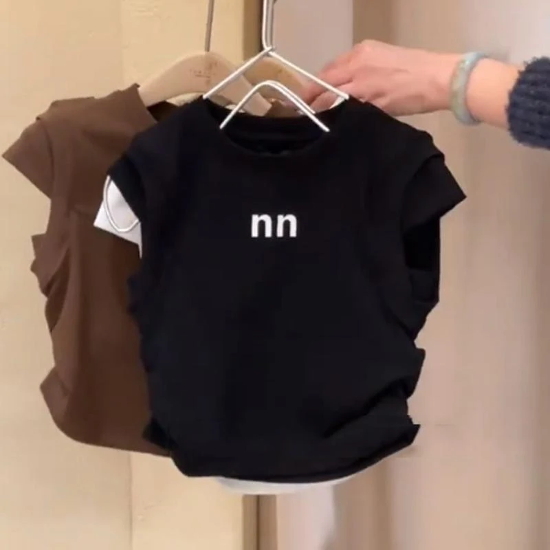 女童短袖t恤夏季黑色白色休闲薄款背心洋气儿童短款上衣WZ6053