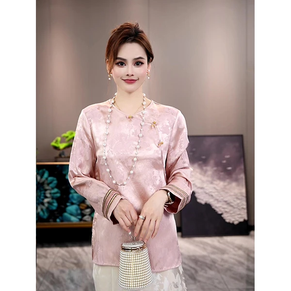 新中式时尚新款刺绣提花圆领长袖休闲气质百搭复古国风显瘦上衣女