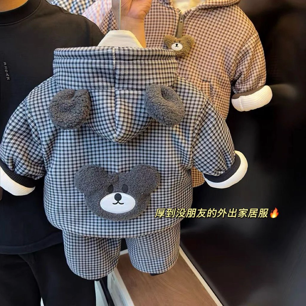 童装2025冬装新款小熊棉袄+格子棉裤两件套儿童超厚保暖一件过冬