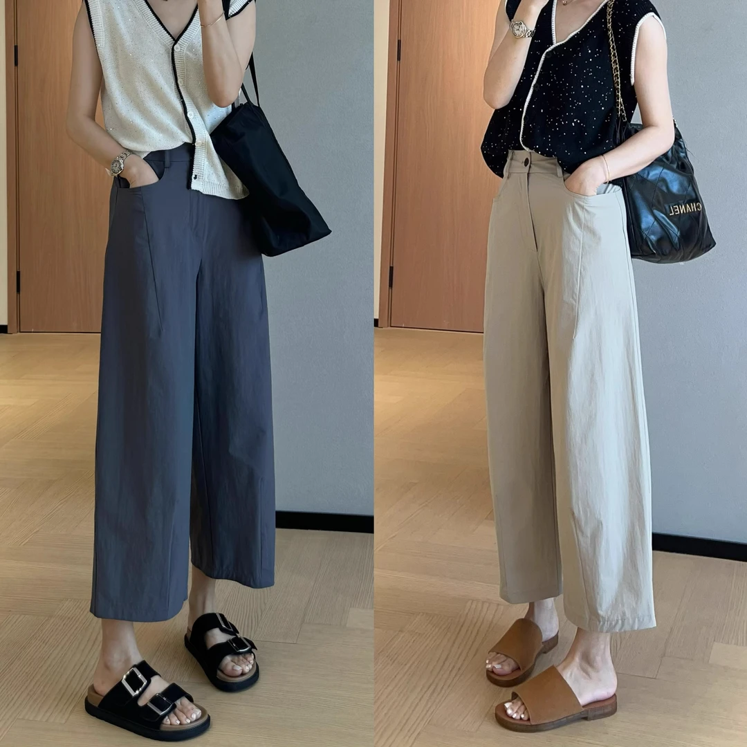 春夏新款百搭九分速干休闲裤女梨形身材高腰显瘦小个子阔腿休闲裤