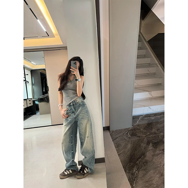 【清仓福利】KSKM蓝色破洞牛仔裤女2026春季设计感高腰显瘦直筒裤子