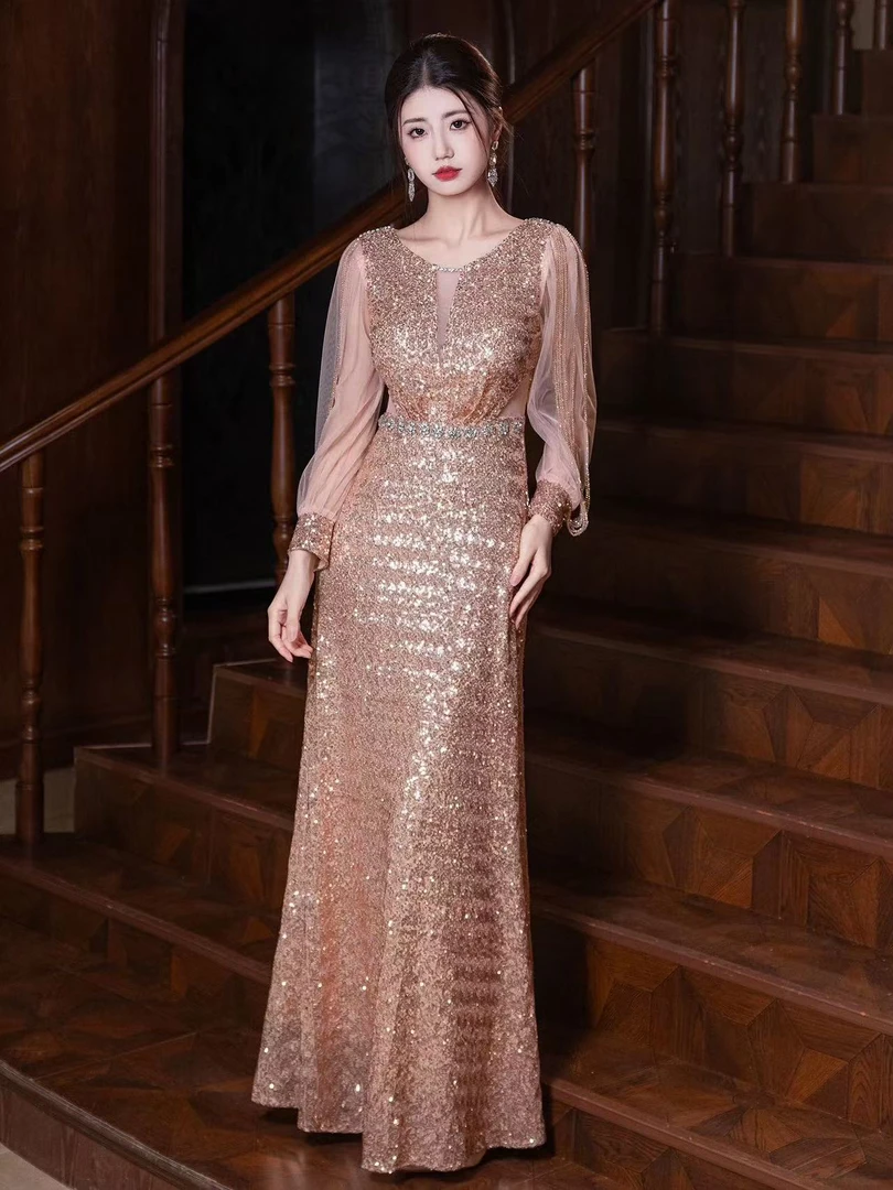 1015晚礼服年会主持人连衣裙高贵拖尾修身长款宴会新娘粉色