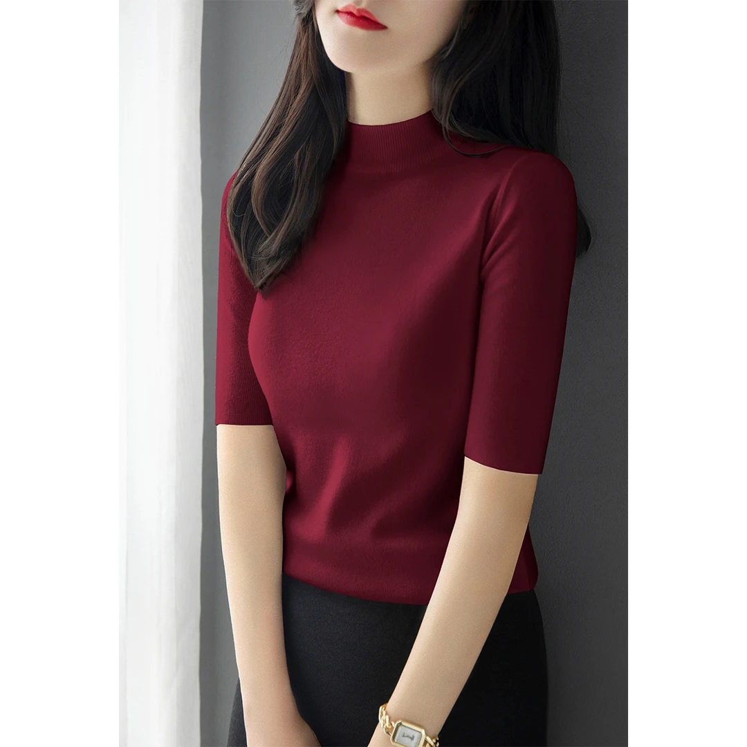 韩系穿搭红色气质百搭羊毛半高圆领设计T恤女春秋季修身显瘦上衣