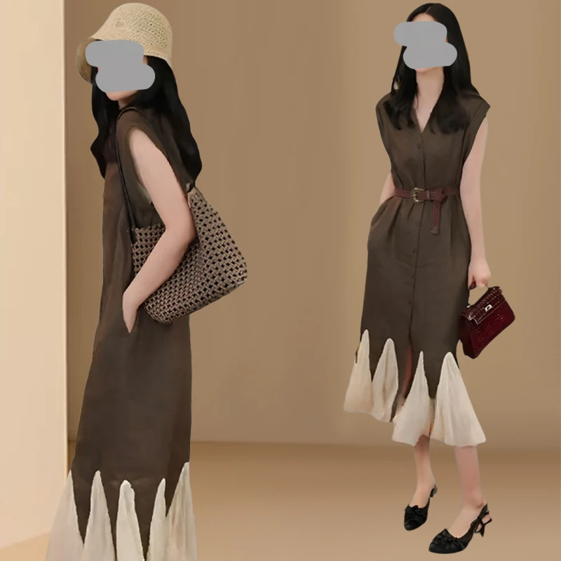 欧洲站2025年夏季新款设计师款小众复古轻奢V领长裙子连衣裙女