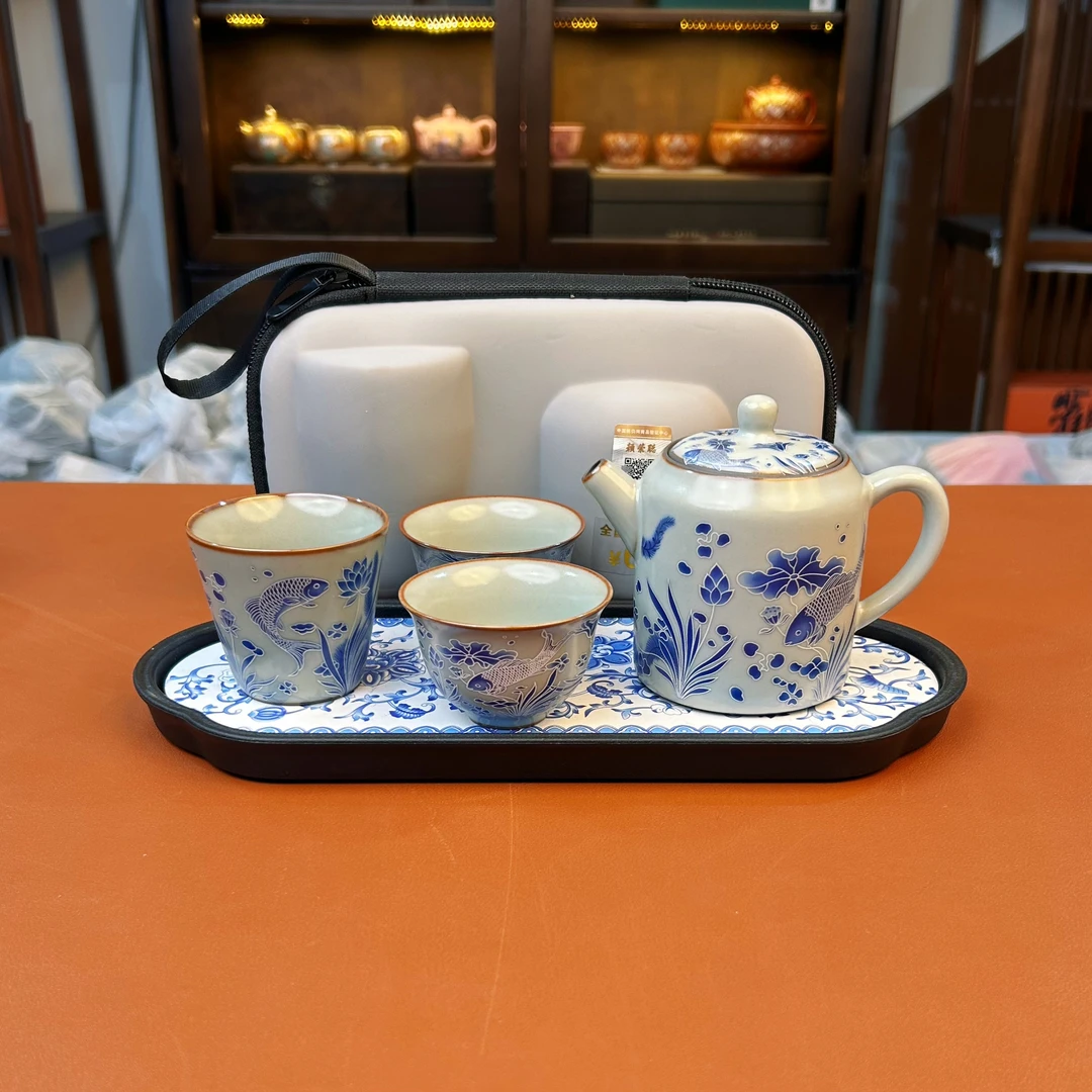 ZH3627-汝窑鱼藻纹一壶三杯旅行套+缠枝莲茶盘