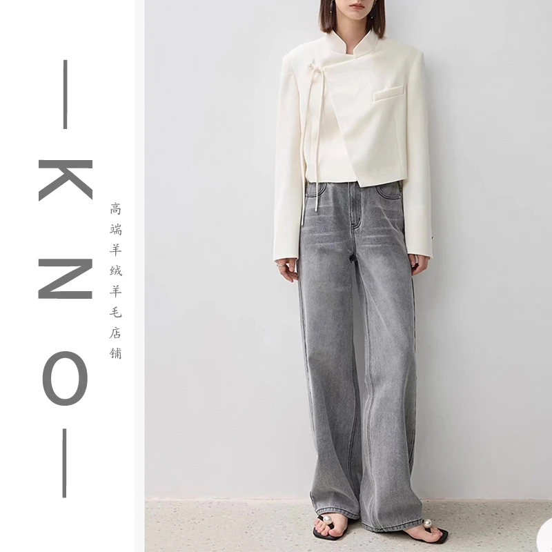 【KNO】早春新款单色风格灰个性直筒裤宽松春秋显瘦高腰百搭MJL