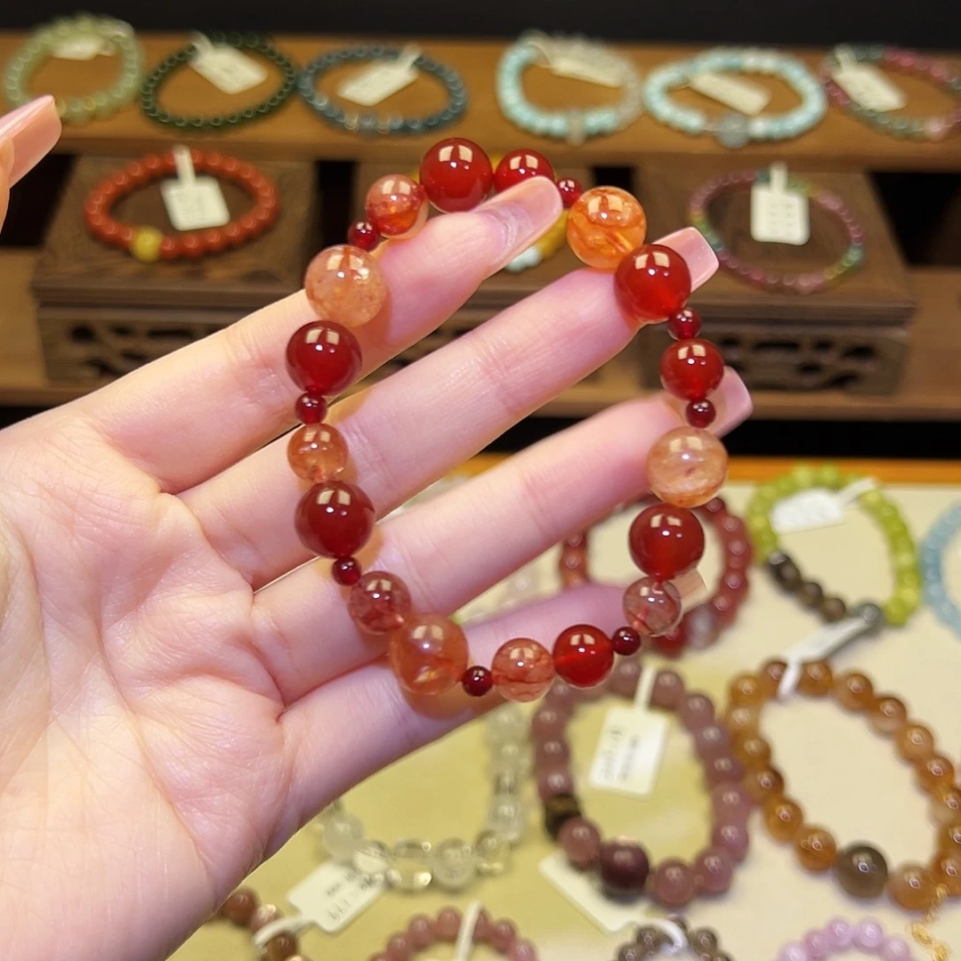 水晶手串银S925镀金镶嵌红1465