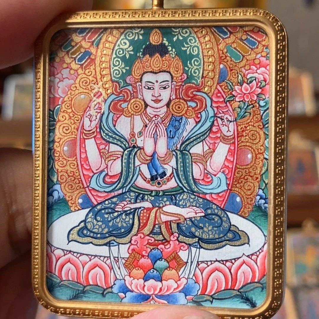 赤***练吊坠四臂观音,纯手绘唐卡