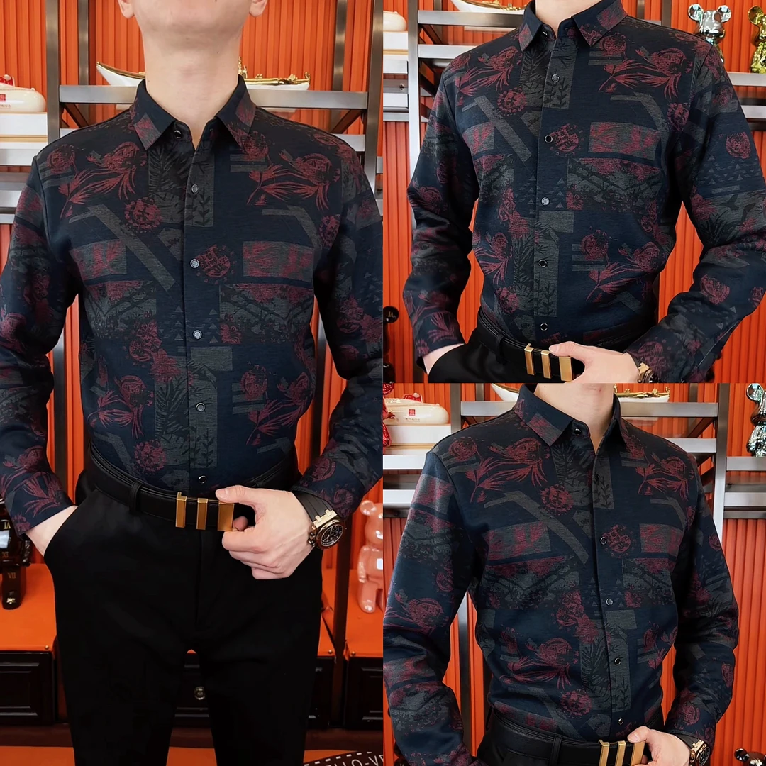 3558家冬季新款加绒保暖四面弹力免熨烫男士休闲衬衫