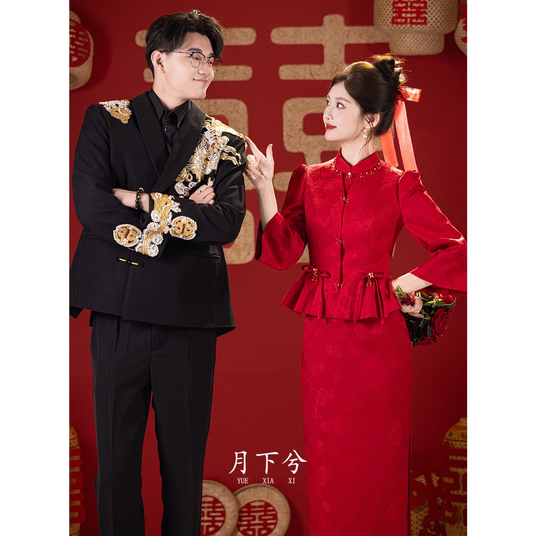 月下兮【彤秋】红色小香风套装订婚礼服裙女新中式长袖敬酒服秋冬