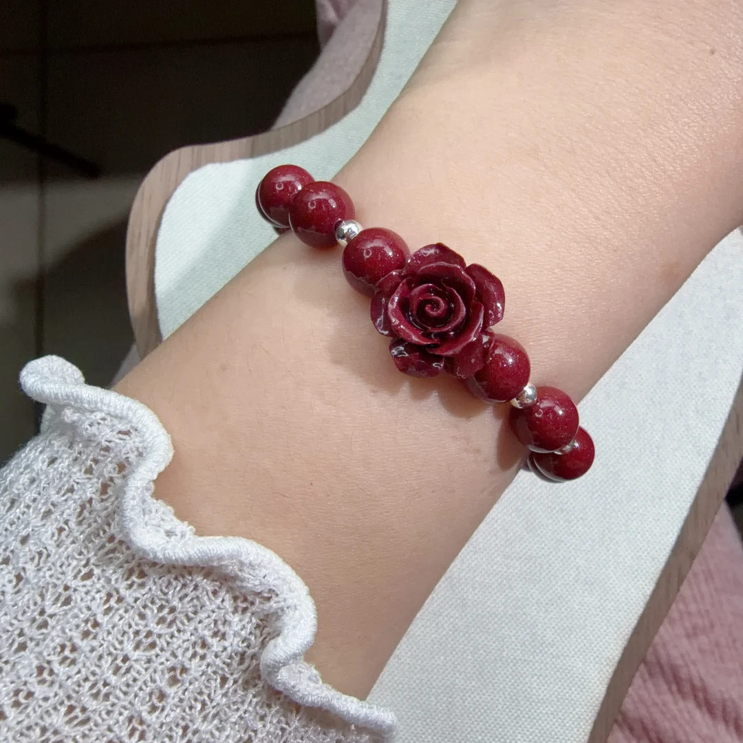 含辰砂工艺品8.2MM 紫金砂【玫瑰花手链】 足银手串 高含量朱砂手链