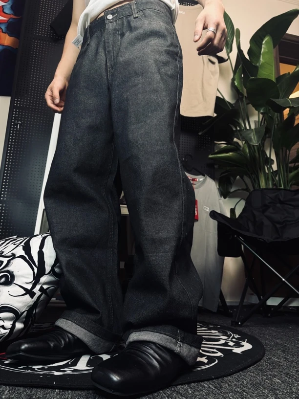 美式高街潮牌复古黑色男女牛仔裤宽松