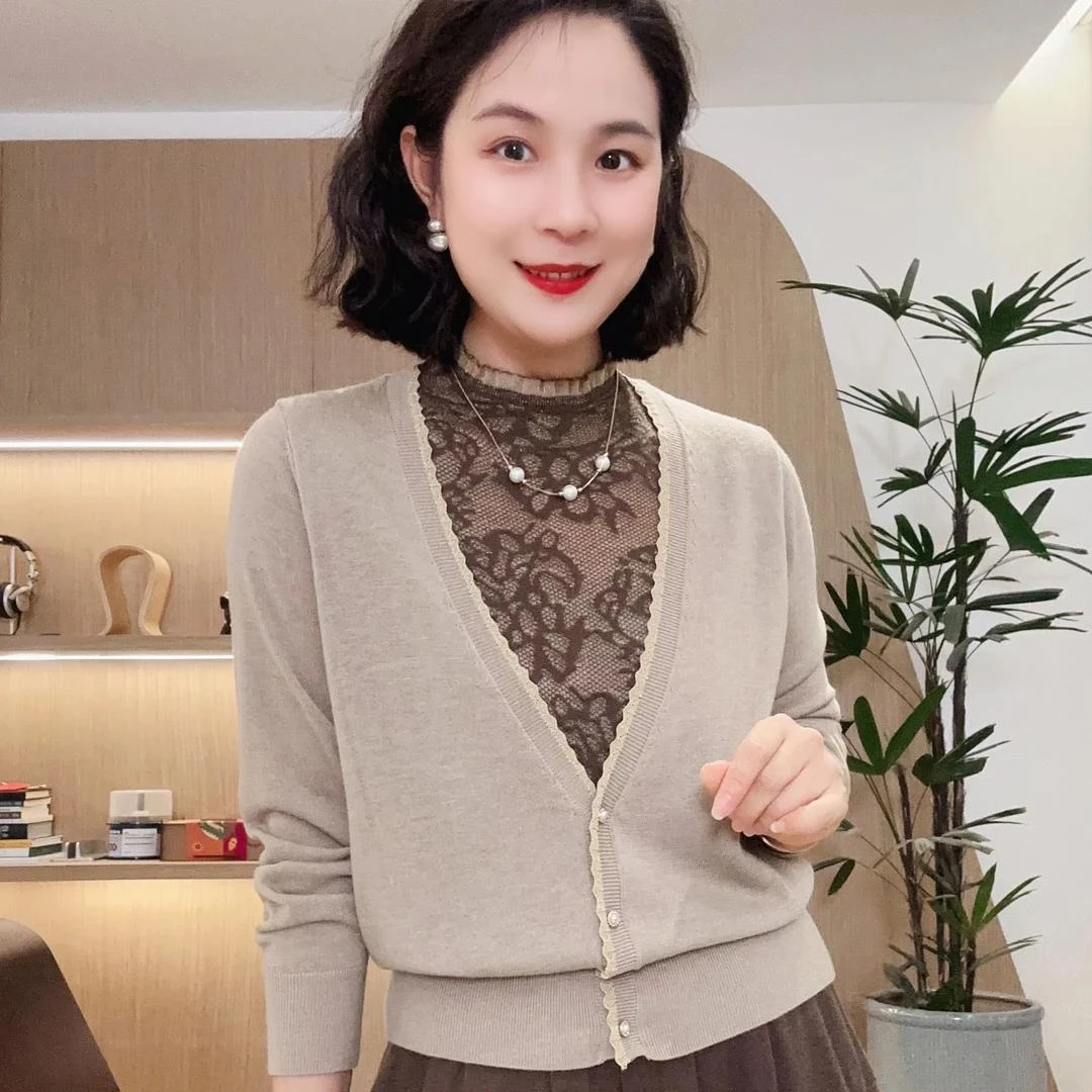 【国色牡丹】立领套头假两件秋季新款长袖针织衫百搭上衣修身W472